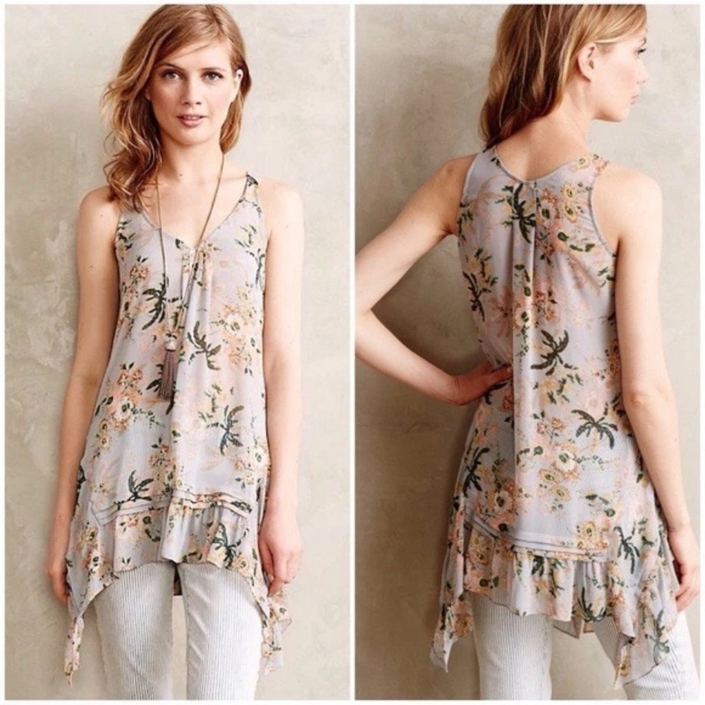 Maeve Anthropologie Magda Ruffle Floral Printed Sheet Tunic Blouse Women’s Large